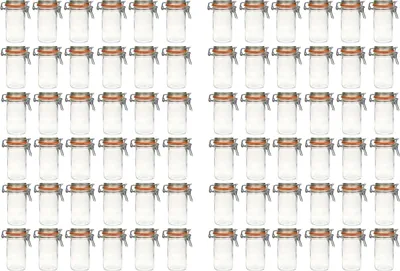 A grid of identical glass jars with wire bail closures.