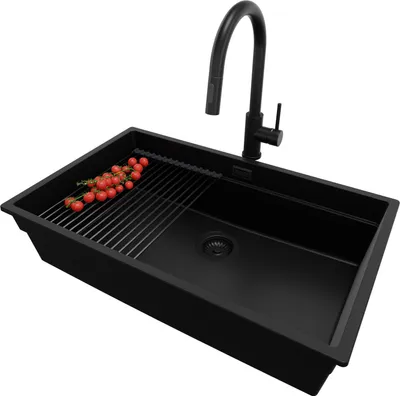 Produktbild von PRIMAGRAN Granitspüle Alles Schwarz 76x47cm, Spülbecken 1 Becken + Ablauf-Set + Küchenzubehörset, Küchenspüle ab 80er Unterschrank - Praga Slim