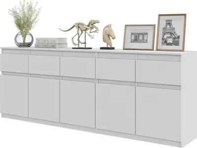 A white sideboard with decorative items on top, presented on a white background.