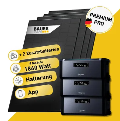 Produktbild von 1860 Watt, Bifazial Komplettset mit Hoymiles HiBattery 1920 AC, 2 x Zusatzbatterie und Halterung Balkon