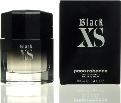 A product shot of Paco Rabanne Black XS Eau de Toilette for men, with the product box and bottle displayed side-by-side on a white background.