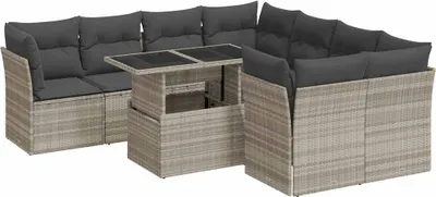 Produktbild von vidaXL 9-tlg. Garten-Sofagarnitur mit Kissen Hellgrau Poly Rattan