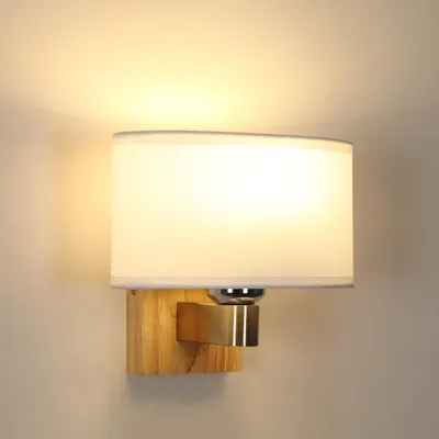 Produktbild von Mckalen Wandleuchte Holz Innen E27, Weiß Quadratische Wandlampe mit Stoff Lampen