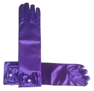 Immagine prodotto di Guanti in raso viola con fiocco per bambine, ideali per la Prima Comunione, matrimoni, carnevale, Halloween, lunghezza 29 cm