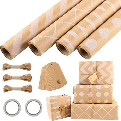 Produktbild von Famanu Geschenkpapier Set 4 Rollen - Kraftpapier in verschiedenen Designs