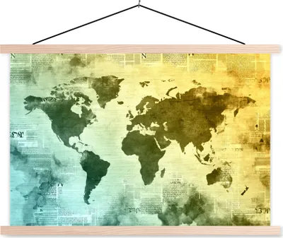 Produktbild von MuchoWow® Textilposter Weltkarte - Blau - Gelb 120x80 cm mit holzfarbenen Rahmen - Aufhängeset
