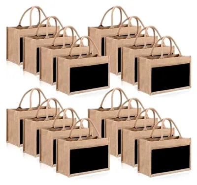 Produktbild von Jute-Tragetaschen, wiederverwendbar, mit Griffen, für Hochzeitseinkäufe, 30 x 20 x 14 cm, Schwarz, 16 Stück