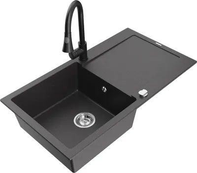 Produktbild von Mexen Leo 1 Becken-Granitspüle mit Abtropffläche und Mischbatterie Elia, Schwarz gesprenkelt - 6501-76-670101-70