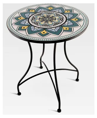 Produktbild von Mosaiktisch, 60 cm Ø, runder Gartentisch mit Mosaikmuster, Balkon- und Terrassentisch, mediterranes Flair, handgefertigt, Weiß-Türkis-Gelb