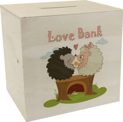 Produktbild von Igel Spardose aus Holz mit Spruch Love Bank