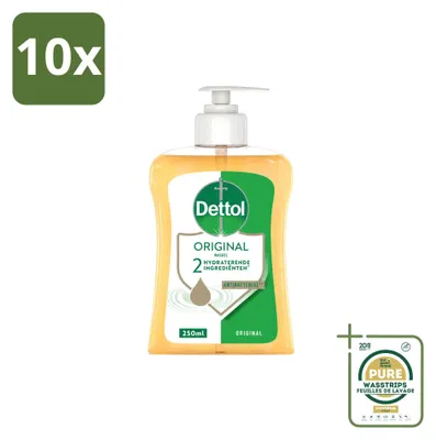 Immagine prodotto di 10 flaconi di sapone liquido antibatterico per le mani Dettol, profumo originale, da 250 ml ciascuno. Confezione risparmio, 10 pezzi