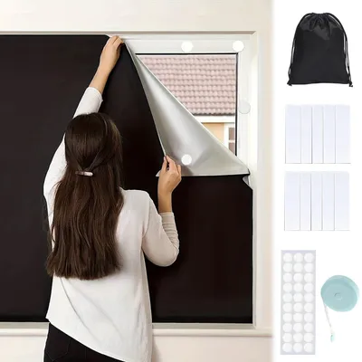 Productafbeelding van Verduisterende folie, dakraam, verduistering, zonwering, verduisterend rolgordijn zonder boren, draagbare verduisteringsstof voor reizen, 145 x 150 cm, zwart