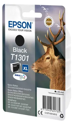 Produktbild von Epson Stag T1301 Hirsch DURABrite Ultra Single Black Tinte, High (L) Yield, Schwarz, Tinte auf Pigmentbasis, 25,4 ml, 25,4 ml, 1 Stück(e)