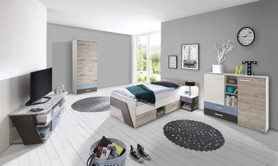 Produktbild von Jugendzimmer Set mit Bett 90x200 cm mit Kleiderschrank LEEDS-10 in Sandeiche Nachbildung mit weiß, Lava und Denim Blau