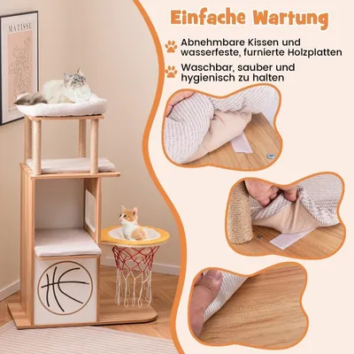 Produktbild von Kratzbaum aus Holz 120 cm großer Kletterturm mit Sportthema mit 2-stöckigem Katzenhaus Natur