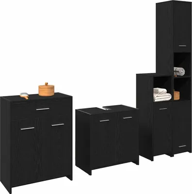 Productafbeelding van Badkameraccessoireset, 4-delig, zwart, eikenhoutlook, houtvezel