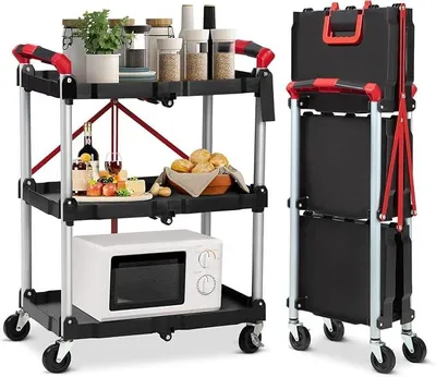 Produktbild von Klappbarer Servierwagen, 3 Etagen Rollwagen Mit Rollen, Faltbarer KüChenwagen, Lagerwagen, Werkzeugwagen, Klappbares Regal 58 * 38 * 83,5cm, Bis Zu 150 Kg Belastbar (Schwarz)