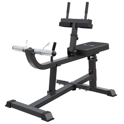 Produktbild von GORILLA SPORTS® Wadenmaschine - 126 x 61 x 100 cm, 5-Fach Höhenverstellbar, mit Aufnahme für 30 mm und 50 mm Hantelscheiben, 2 Federverschlüssen, gepolstert, Schwarz - Wadenstrecker, Wadenrainer