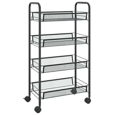 A black four-tier rolling cart with mesh baskets.