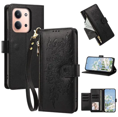 Produktbild von Handyhülle für Xiaomi Redmi 15C 5G/4G, Wallet Case Kunstleder mit Kartenfächern, Reißverschluss und Handschlaufe Schwarz