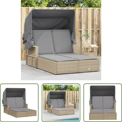 Produktbild von The Living Store Doppel-Sonnenliege mit Dach und Auflagen Beige Poly Rattan