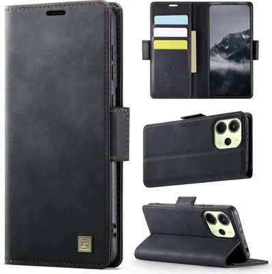 Image de Étui en cuir pour Xiaomi Redmi Note 14 4G, protection RFID, fermeture magnétique, fentes pour cartes et support Noir