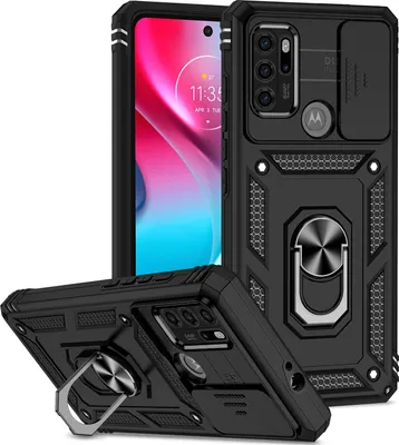 Image de Etui pour Motorola Moto G60S étui double couche avec couvercle coulissant pour l'appareil photo et anneau de support noir