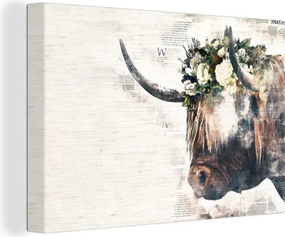 Produktbild von OneMillionCanvasses® - Leinwandbilder - 140x90 cm, Schottische Hochlandrind - Kühe - Blumen, Wandbilder Wohnzimmer Hochland Rind - Tier Wanddekoration - Hochland Rind - Kuh - Gemälde auf Holzrahmen