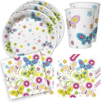 Produktbild von 36-teiliges Tischdeko-Set Blüten und Schmetterlinge - Teller, Becher, Servietten