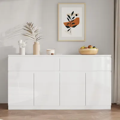Produktbild von Hochglanz Sideboard Weiß 155x40x83cm, 2 Schubladen & 4 Türen mit PET-Oberfläche, Breiter Stauraumschrank mit Schrägkanten für Wohnzimmer und Küche