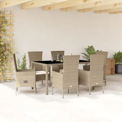 Produktbild von Design 7-tlg. Garten-Essgruppe mit Kissen Beige Poly Rattan, Gartenmöbel-Sets 2024 Neu