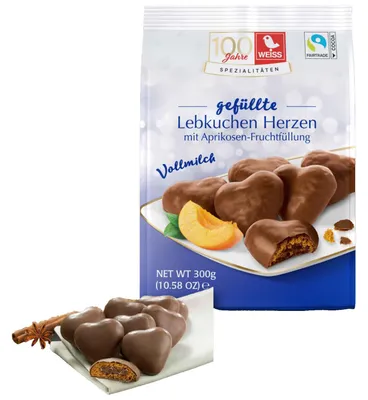 Produktbild von Weiss Gefüllte Lebkuchen Herzen Aprikose Vollmilch 300g