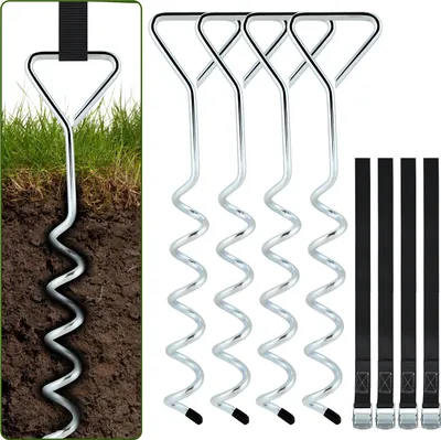 Obrázek produktu pro Clanmacy 4x zemní kotva trampolína 40cm 5 cívek Nastavitelné popruhy Nerezová bezpečnostní sada Zemní kotva upevnění altán zahradní domek houpačka