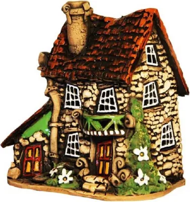 Malerisches rustikales Kaufmannshaus.  Dach ist rotbraun und mit Ziegeln bedeckt. Sehr detailliert.