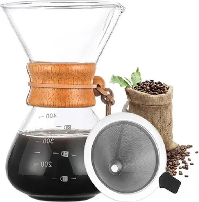 Produktbild von Handmatige Kaffee Dripper - 400ml Borosilicaat Glas Karaf mit Holzgriff