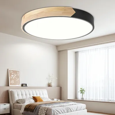 Produktbild von Ikodm LED Deckenleuchte Holz 40cm, 60W Dimmbar Deckenlampe mit Fernbedienung, Rund Wohnzimmerlampe Schwarz, 3000-6000K