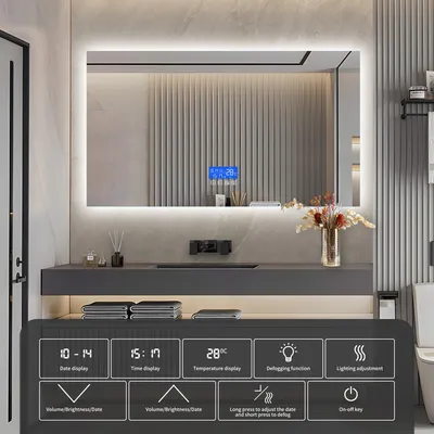 Image de Miroir Salle de Bain avec Éclairage - 100 x 60 cm - Miroir LED Salle de Bain - avec Tactile, Anti-buée, Horloge, Température, Dimmable