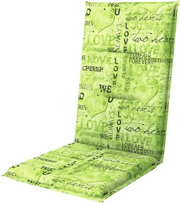 A green chair cushion with a repeating pattern of text and hearts.