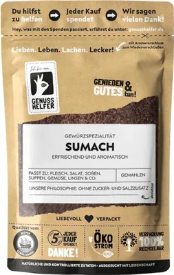 A close-up of a brown paper pouch of Sumach spice.