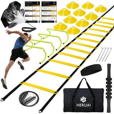 Produktbild von Koordinationsleiter Trainingsset, 6 m, 4 Hürden, 10 Markierungskegel, Laufwiderstandsschirm, für Sporttraining