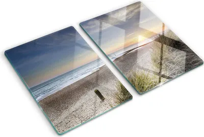 Produktbild von Tulup Glas Herdabdeckplatte - 2x40x52 cm - Glaskeramikkochfeld-Abdeckung Spritzschutz Glasabdeckplatte Kochplattenabdeckung und Schneidebrett - Zweiteilig - Landschaften - Sonne und Dünen - Beige