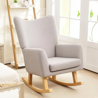 Produktbild von Schaukelstuhl Cord Hellgrau, Relaxsessel Retro-Design hohe Rückenlehne, Schwingsessel Kautschukholz | 97 x 72 x 100 cm | bis 120 kg | 17,5 kg
