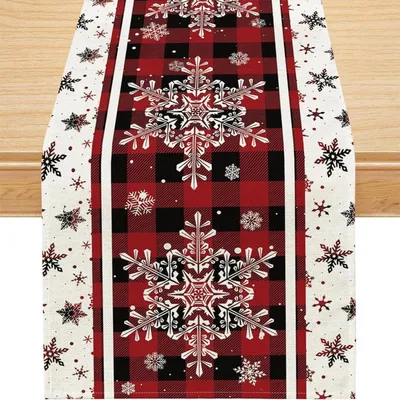 Obrázek produktu pro Běžec na stůl, vánoční motiv, červený, rozměry 183x33 cm, s motivem sněhových vloček, lze umýt