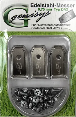 Produktbild von 30x Ersatz Messer Klingen kompatibel für Husqvarna Automower ® / Gardena Mähroboter (longlife - 0,75 mm - 3 g) + 30x ELOXIERTE Schrauben NEU