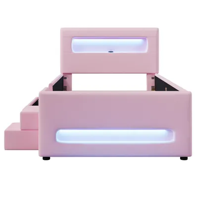 Produktbild von Flieks Polsterbett 90x200cm mit Led, Kinderbett Einzelbett mit Schublade und zweistufiger Treppe, Kinderbett mit Rausfallschutz, PU, Rosa