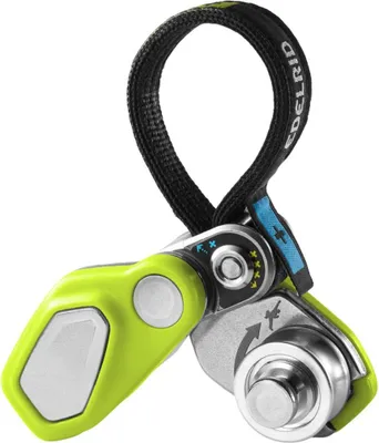 Edelrid Ohmega Bremsassistent mit grünem Kunststoffgriff und schwarzer Schlaufe mit Edelrid-Schriftzug