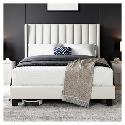 Produktbild von Polsterbett 140 x 200 cm Bettrahmen Stabiles Doppelbett Familienbett Gepolstertes Bettgestell mit Stauraum für Schlafzimmer und Gästezimmer, Beige