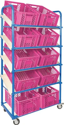 Produktbild von Schrägboden-Regalwagen mit 5 Ebenen, 4 Lenkrollen, bestückt mit 10 Euroboxen durchbrochen 600x400x240 mm pink