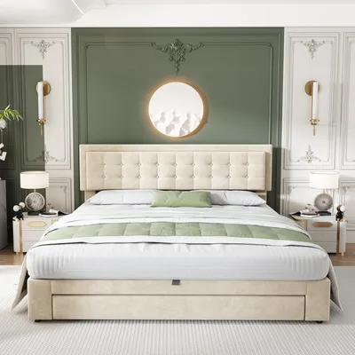 A bedroom scene featuring a bed with a tufted headboard and storage drawers, decorated with wall paneling and sconces.