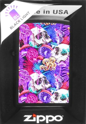 Zdjęcie produktu dla Zapalniczka Zippo Psychedelic Mushroom Czaszka Grzyb Glow in the Dark czarna matowa